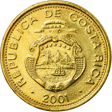 Reverse of a gold-colored Costa Rican coin. At the center is the national coat of arms, surrounded by the inscription “REPÚBLICA DE COSTA RICA” along the upper edge. The year 1998 appears at the bottom. The design features raised elements on a gold-colored metallic Surface.