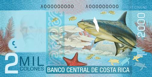 ₡2,000 banknote with a tear in the center of the note.