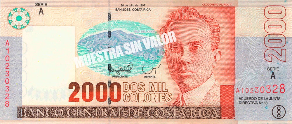 Billete de ₡2.000 del Banco Central de Costa Rica, emitido en 1989, con el retrato de Cleto González Víquez y una representación del volcán Irazú en el centro.