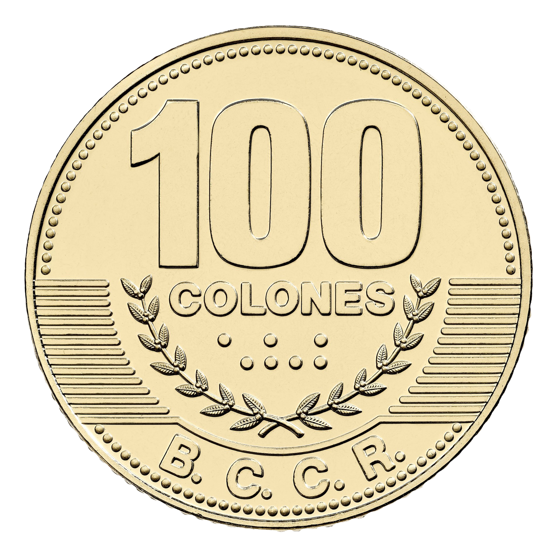 Reverso de una moneda dorada de 100 colones del Banco Central de Costa Rica. En la parte superior se observa el número "100", seguido de la palabra "COLONES". Debajo aparecen dos ramas de laurel en relieve sobre un fondo de líneas horizontales. En la parte inferior figura el acrónimo "B.C.C.R.". La moneda tiene forma circular, acabado metálico dorado y borde decorado con pequeñas marcas alrededor de todo el contorno.