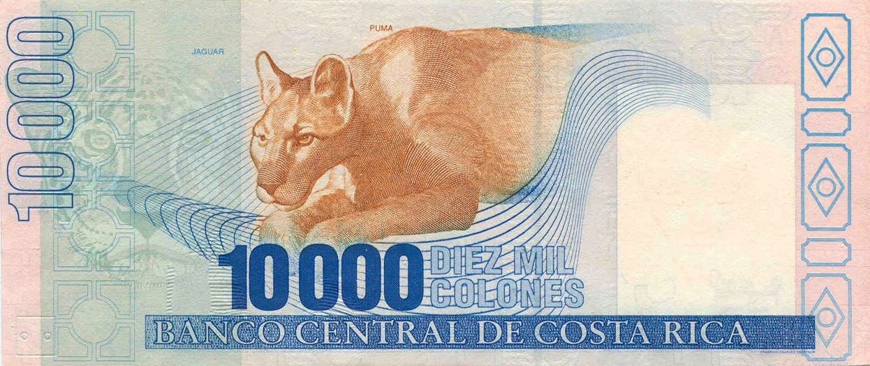Reverse of the ₡10,000 Costa Rican banknote, featuring an image of a puma, a symbol of the country's wildlife, together with the face value denomination and security features.