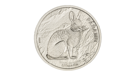 Costa Rican commemorative coin featuring a volcano rabbit, representing the Páramo ecosystem.