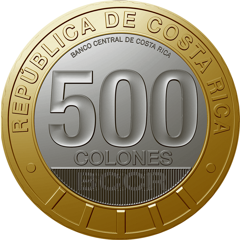 Moneda de 500 colones de Costa Rica con borde dorado y centro plateado, que muestra la inscripción “República de Costa Rica”, el texto “Banco Central de Costa Rica” y la denominación “500 colones” en relieve.