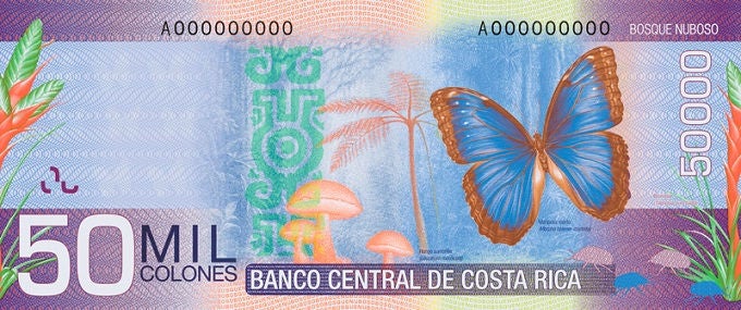 Reverso del billete de ₡50.000 de Costa Rica con la imagen de una mariposa en un bosque nuboso, rodeada de flora característica de este ecosistema, representando la biodiversidad de las zonas montañosas del país.