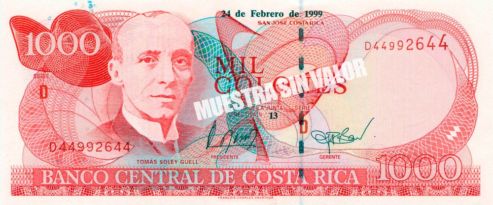 ₡1,000 Banknote of the Central Bank of Costa Rica, 1999 Series, featuring a portrait of Tomás Guardia Gutiérrez and multicolored security features.