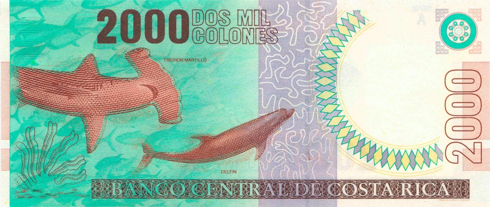 Reverso del billete de ₡2.000 de Costa Rica con ilustraciones de tiburones y motivos marinos, acompañado por la denominación del valor facial y elementos de seguridad.