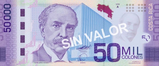 Billete de ₡50.000 del Banco Central de Costa Rica con el retrato de Ricardo Jiménez Oreamuno y elementos gráficos que evocan el desarrollo económico, la institucionalidad y la modernización del país.