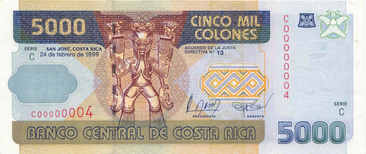 Billete de ₡5.000 del Banco Central de Costa Rica con una máscara indígena precolombina como elemento principal del diseño y la denominación del valor facial.