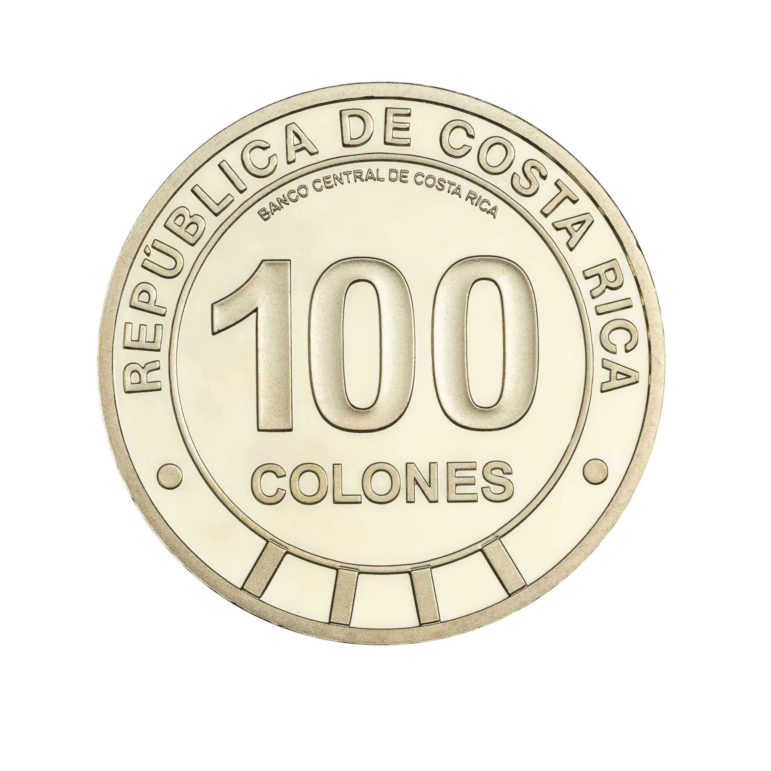 Moneda costarricense de ₡100 que muestra la denominación, la inscripción “República de Costa Rica” y el nombre del Banco Central de Costa Rica.