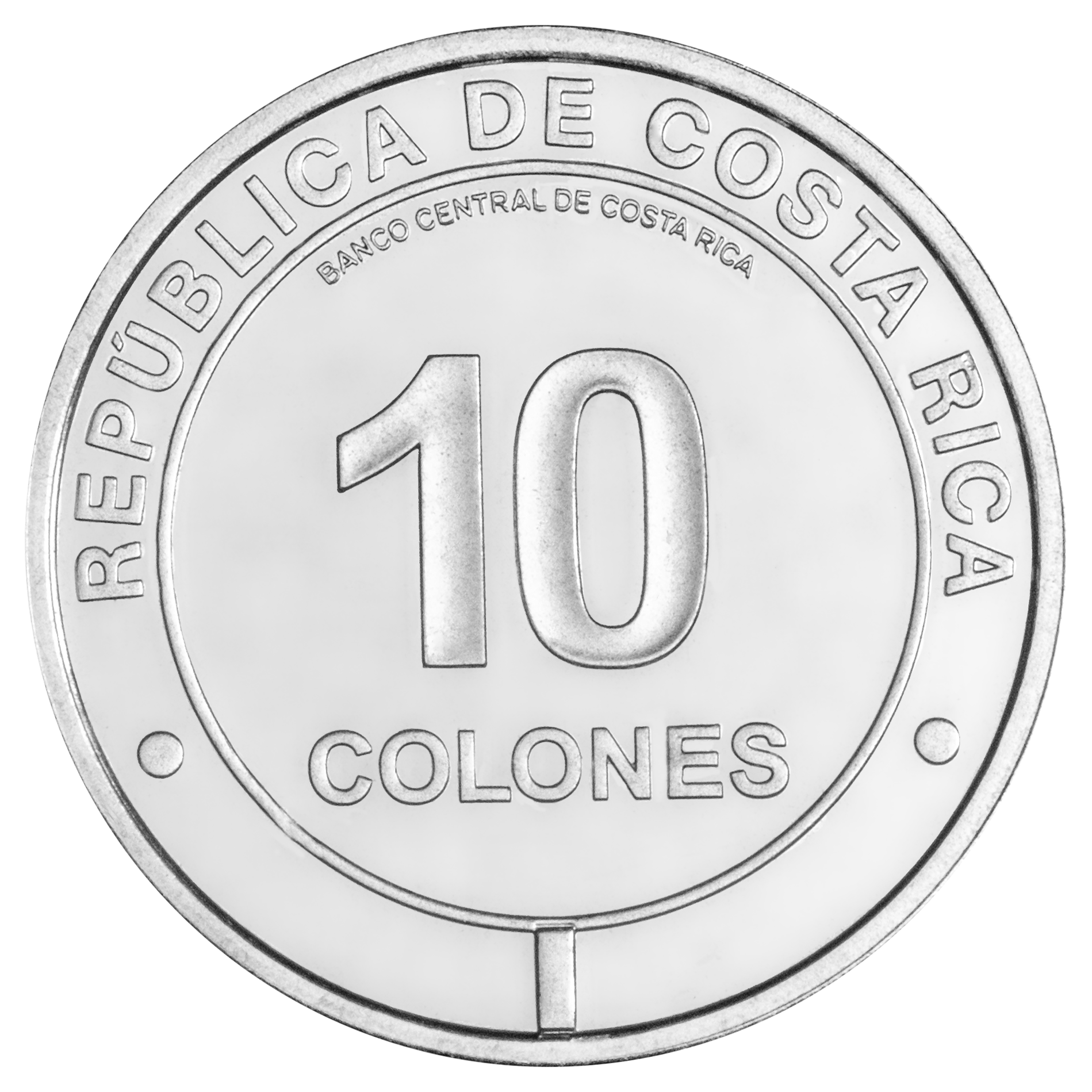 Costa Rican 10 colones coin showing the denomination, the inscription “República de Costa Rica,” and the name of the Central Bank of Costa Rica.