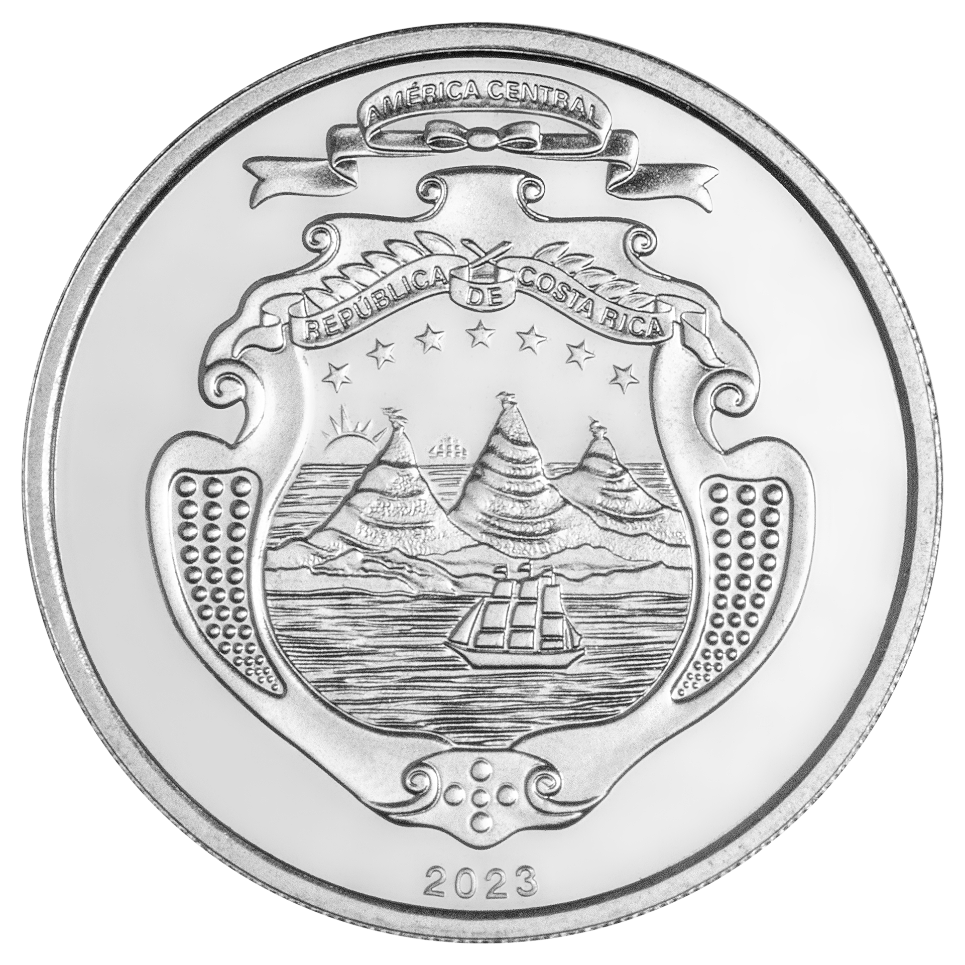 Reverse of the Costa Rican 10 colones coin featuring the national coat of arms and the year 2023.