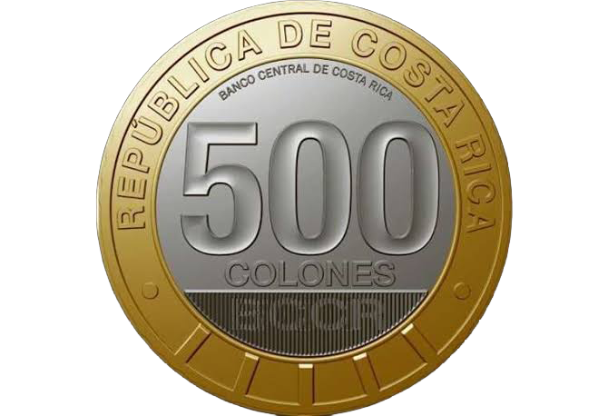 Moneda costarricense de 500 colones, con centro plateado, borde dorado y el número “500” destacado en el centro.