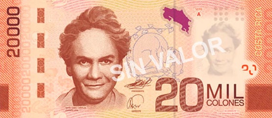 ₡20,000 Banknote of the Central Bank of Costa Rica, featuring a portrait of Carmen Lyra and graphic elements that highlight the cultural and educational contributions of this distinguished Costa Rican figure.