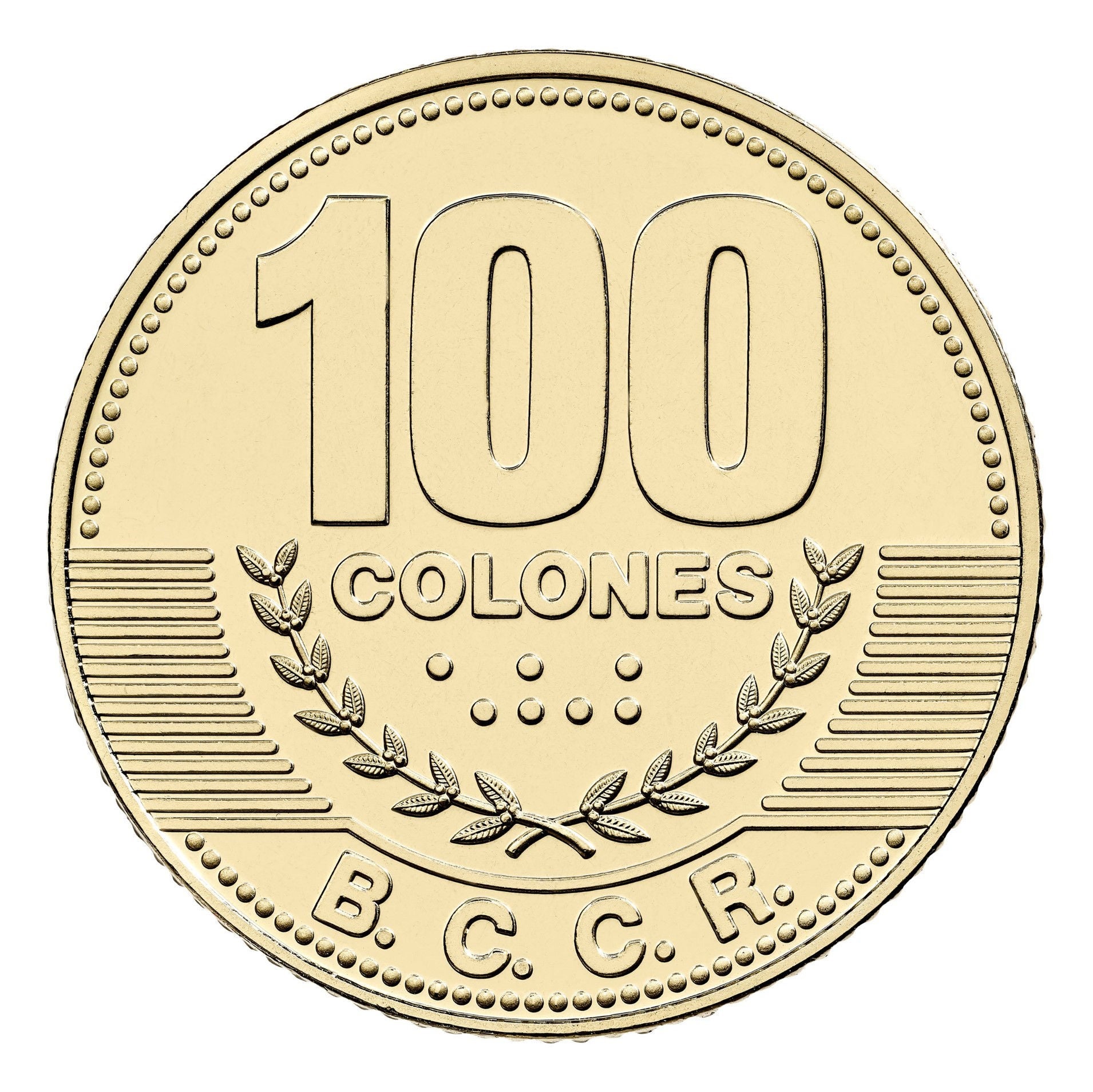 Obverse of a gold-colored one-hundred-colón coin issued by the Central Bank of Costa Rica. The numeral “100” appears at the top, followed by the word “COLONES.” Below are two laurel branches in relief set against a background of raised horizontal lines. The acronym “B.C.C.R.” is displayed in the lower section. The coin features a circular shape, a gold-colored metallic finish, and a border decorated with small marks around its entire circumference.