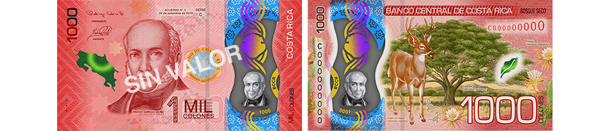 Costa Rican ₡1,000 banknote featuring the portrait of Braulio Carrillo Colina on the front and a white-tailed deer in a tropical dry forest ecosystem on the reverse.