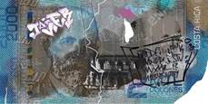₡5,000 banknote with graffiti, drawings, and handwritten markings.