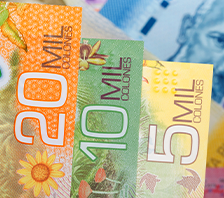 Billetes costarricenses de ₡5 000, ₡10 000 y ₡20 000 colones utilizados para representar el numerario nacional y sus características de seguridad.