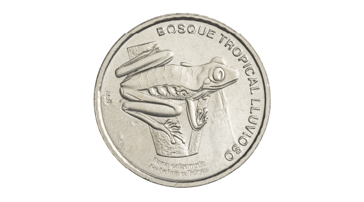 Costa Rican commemorative coin featuring a red-eyed tree frog on a branch, representing the Tropical Rainforest ecosystem.