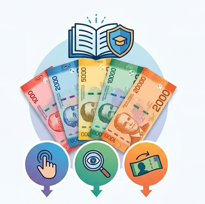 Ilustración que muestra cinco billetes costarricenses de distintas denominaciones dispuestos en abanico. La imagen representa la sección de un espacio educativo para niños y adolescentes para comprender mejor los billetes de nuestro país.