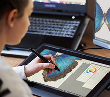 Person digitally illustrating the wings of a blue butterfly on a graphic tablet