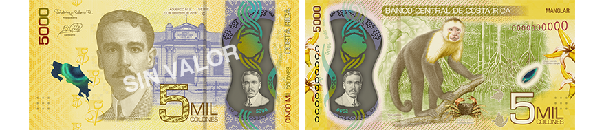 Costa Rican ₡5,000 banknote featuring the portrait of Alfredo González Flores on the front and a white-faced capuchin monkey in a mangrove ecosystem on the reverse.