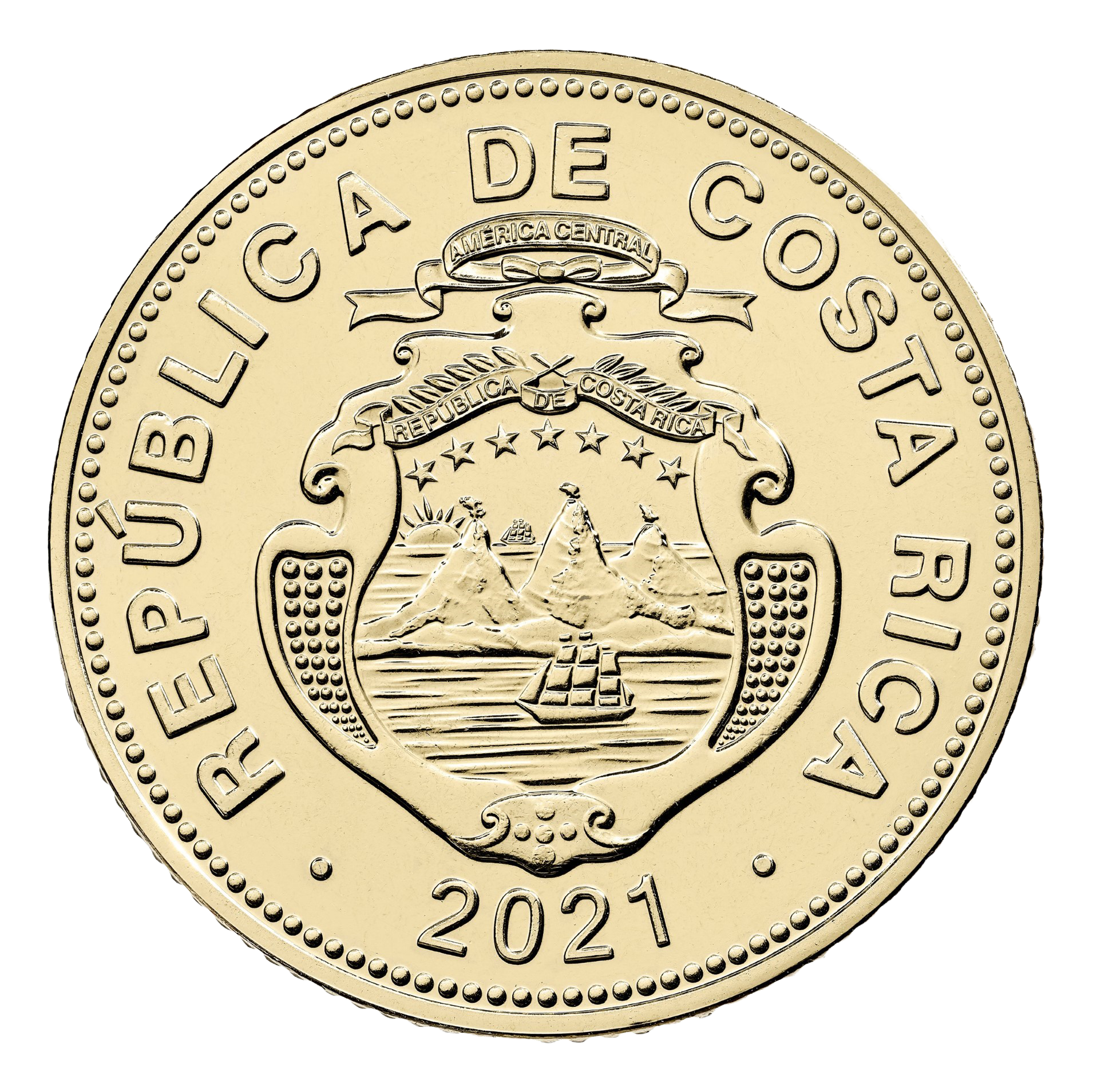 Anverso de una moneda dorada de Costa Rica. En el centro se aprecia el escudo nacional en relieve, rodeado por la inscripción “REPÚBLICA DE COSTA RICA” a lo largo del borde. En la parte inferior figura el año 2021. La moneda presenta un diseño circular de color dorado, con detalles grabados del escudo nacional y un borde decorado con pequeñas marcas en relieve alrededor de todo el contorno.