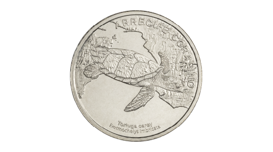Costa Rican commemorative coin featuring a hawksbill sea turtle, representing the Coral Reef ecosystem.