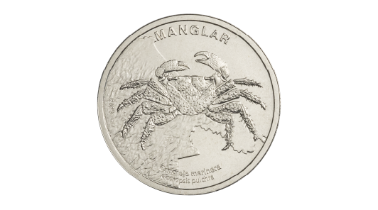 Mangrove ecosystem commemorative coin featuring a mangrove crab and the outline of Costa Rica.