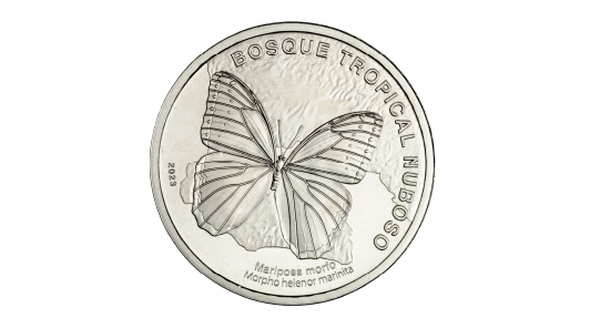 Costa Rican commemorative coin featuring a morpho butterfly with outstretched wings, representing the Cloud Forest ecosystem.