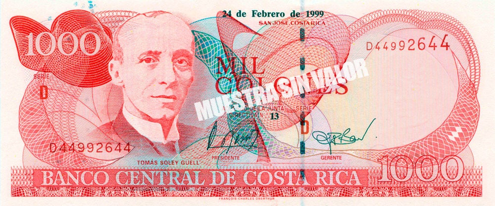 Billete de ₡1.000 del Banco Central de Costa Rica, serie de 1999, con retrato de Tomás Guardia Gutiérrez y elementos de seguridad multicolores.