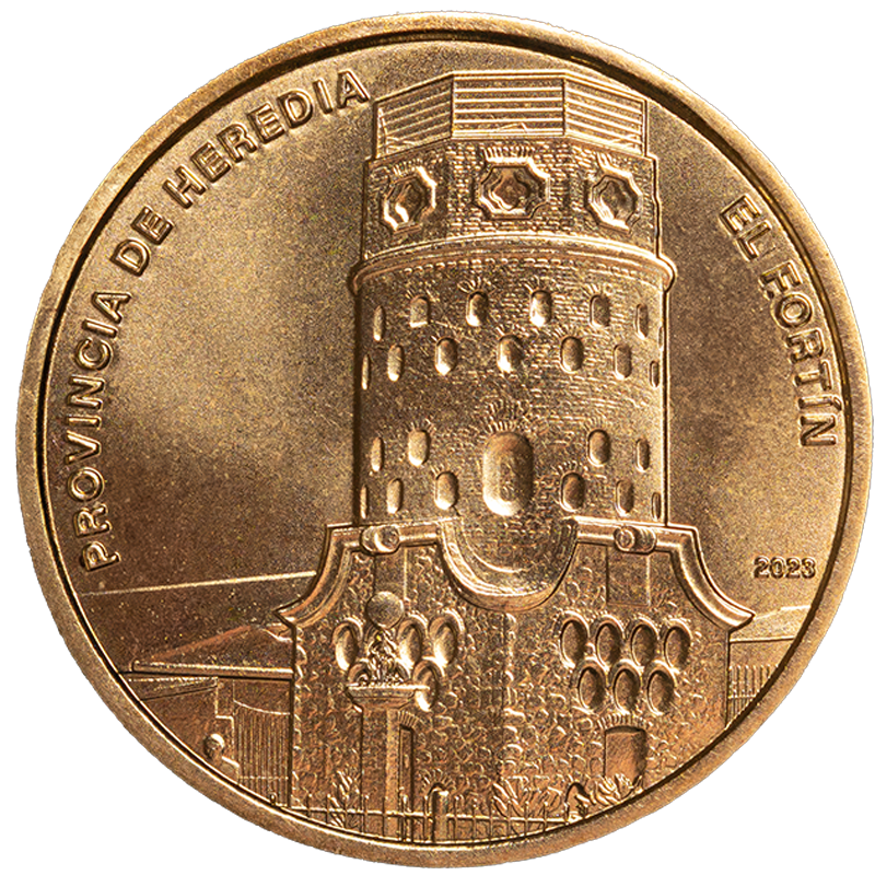 Commemorative coin from the Provinces series featuring El Fortín, a historic landmark of Heredia Province.
