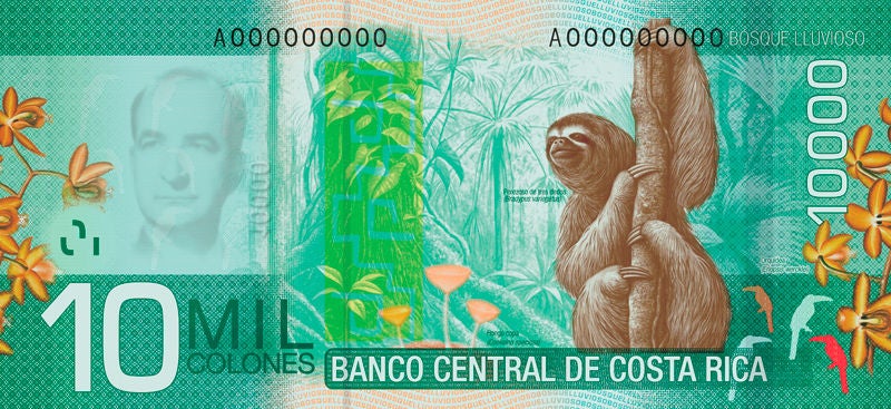 Reverso del billete de ₡10.000 de Costa Rica con la imagen de un perezoso en un bosque lluvioso, rodeado de flora y fauna que representan la riqueza de los ecosistemas tropicales del país.