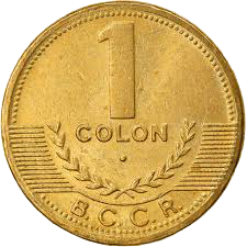 Moneda dorada de 1 colón del Banco Central de Costa Rica. En el centro se observa el número "1" sobre la palabra "COLÓN". En la parte inferior aparece el acrónimo "B.C.C.R.", rodeado por dos ramas de laurel que se extienden hacia los lados. El diseño presenta relieve sobre fondo texturizado circular.