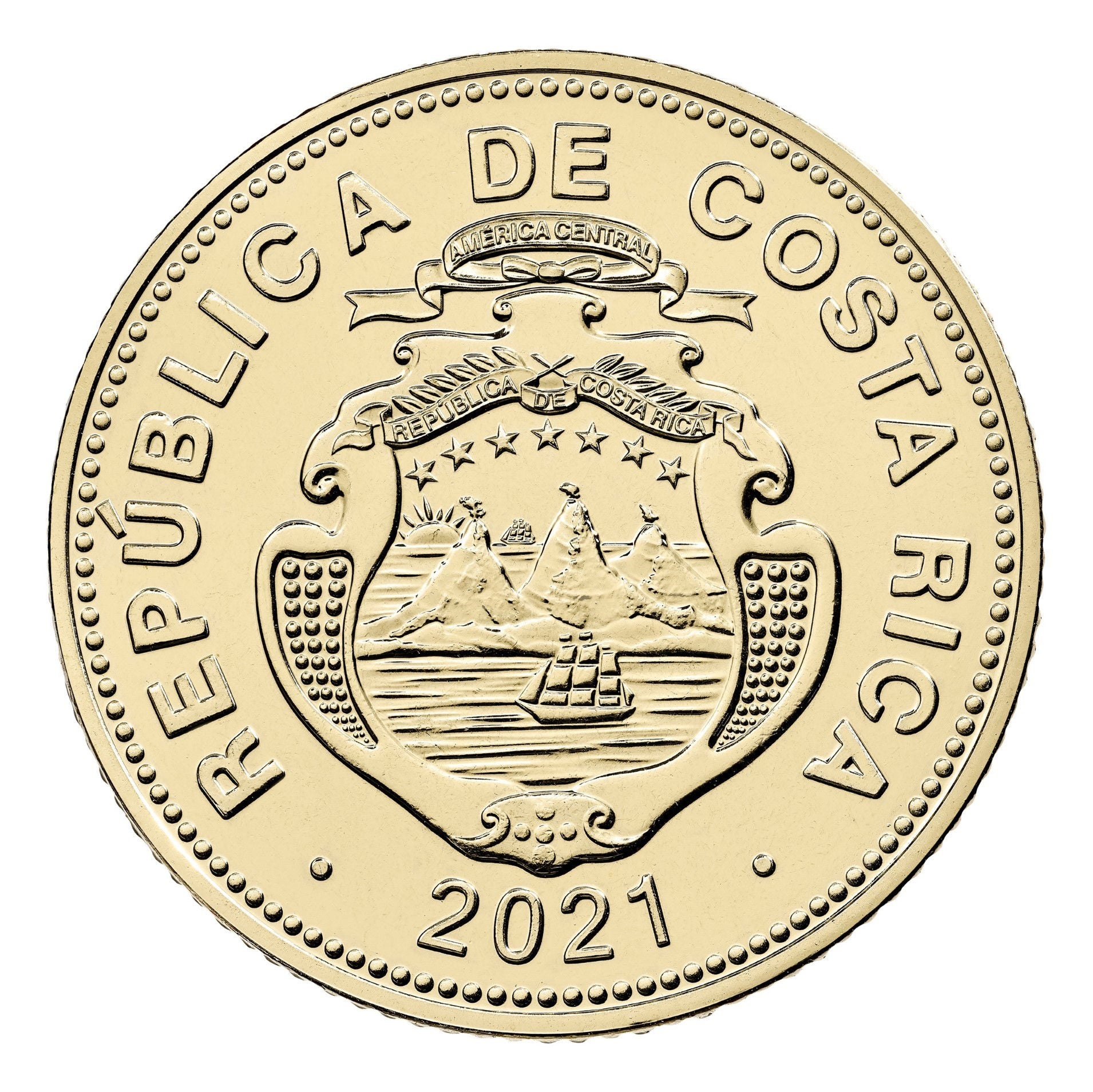 Reverse of a gold-colored Costa Rican coin. At the center is the national coat of arms in relief, surrounded by the inscription “REPÚBLICA DE COSTA RICA” along the outer edge. The year 2021 appears at the bottom. The coin features a circular gold-colored design, with engraved details highlighting the national coat of arms and a border decorated with small raised marks around the entire circumference.