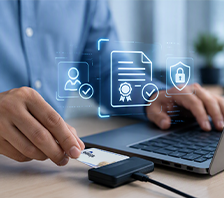 Persona utilizando un certificado digital en un dispositivo para realizar trámites y firmas electrónicas de forma segura.