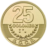 Reverso de una moneda dorada de 25 colones del Banco Central de Costa Rica. En la parte superior se observa el número "25", seguido de la palabra "COLONES". En la sección inferior aparece el acrónimo "B.C.C.R.", acompañado por dos ramas de laurel sobre un fondo de líneas horizontales en relieve. La moneda presenta un acabado dorado, forma circular y borde decorado con pequeñas marcas alrededor de todo el contorno.