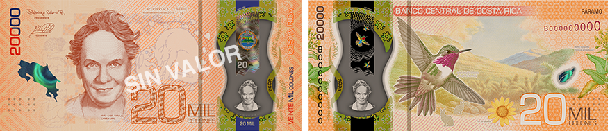 Costa Rican ₡20,000 banknote featuring the portrait of María Isabel Carvajal (Carmen Lyra) on the front and a volcano hummingbird in a páramo ecosystem on the reverse.