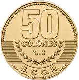 Reverso de una moneda dorada de 50 colones del Banco Central de Costa Rica. En la parte superior destaca el número "50", seguido de la palabra "COLONES". Debajo se observan dos ramas de laurel en relieve y, en la parte inferior, el acrónimo "B.C.C.R.". El diseño incorpora líneas horizontales en el fondo, borde decorado y acabado metálico dorado de forma circular.