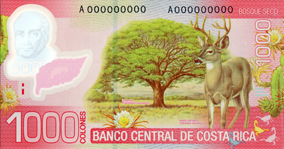 Reverso del billete de 1000 colones serie A retirado de circulación