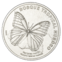 Reverso de moneda de 50 colones con imagen de mariposa morfo